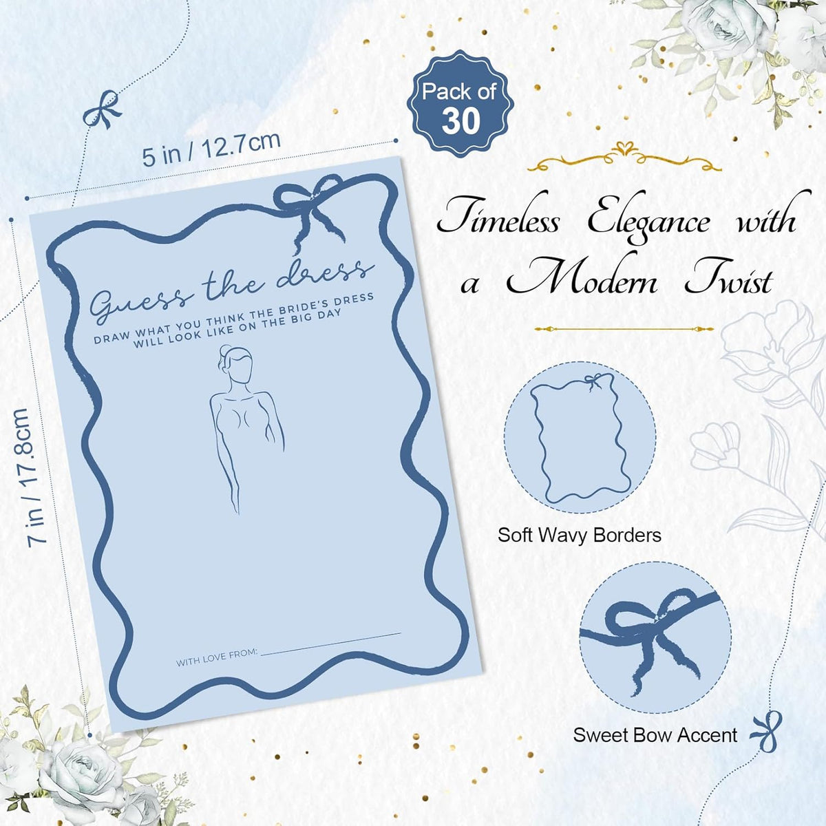 DEEKA 30 PCS Bridal Shower Games Card for 30 Guests Blue Wavy Border Ribbon Bow Funny Wedding