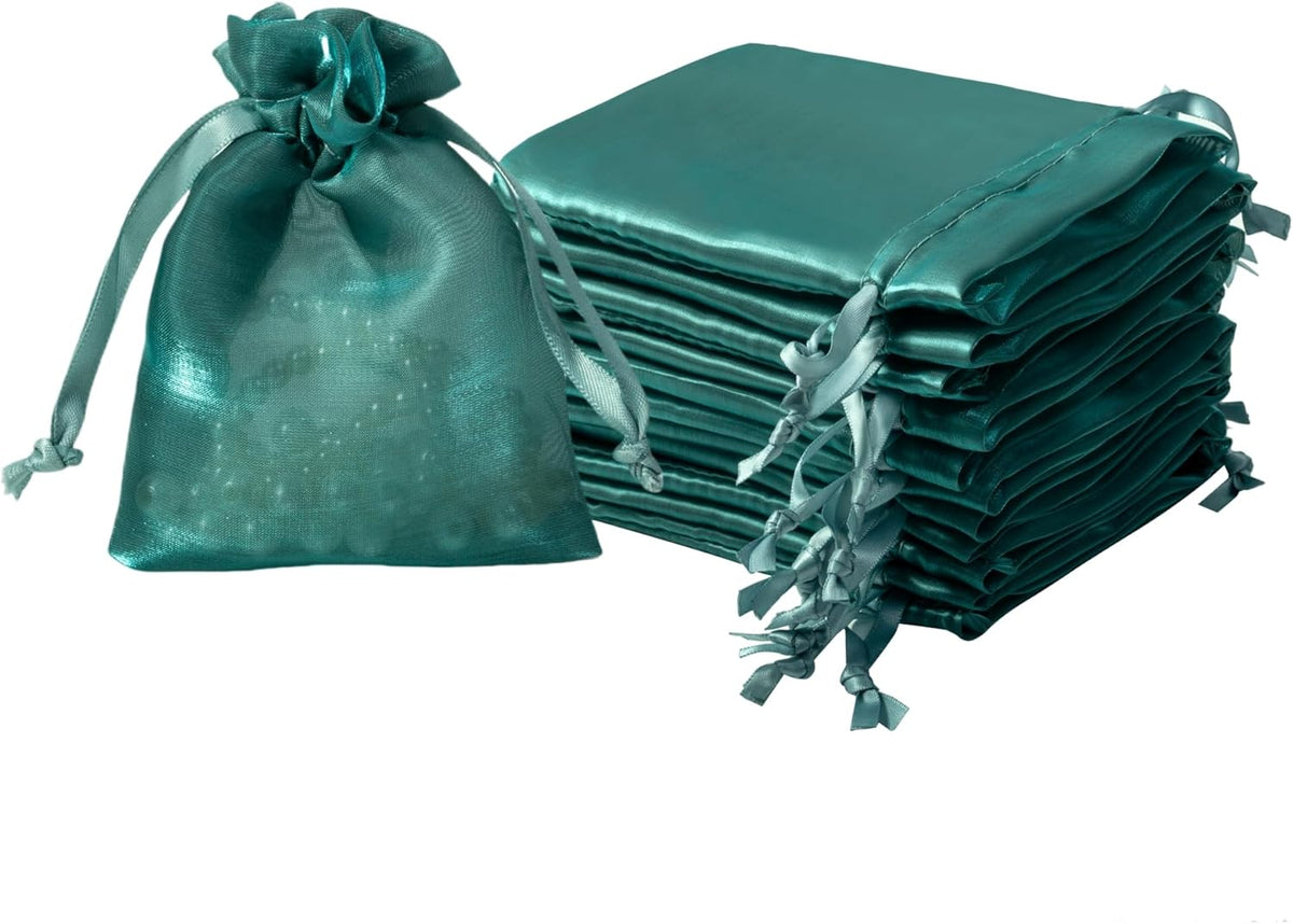 QIANF 20 Pcs Dark Green Small Organza Bags 3X4 inch for Wedding Favors with Drawstring, Mini Mesh