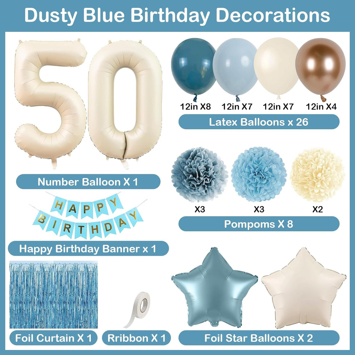 Dusty Blue 50th Birthday Party Decorations for Women Men Beige Cream Number 50 Balloon with Blue