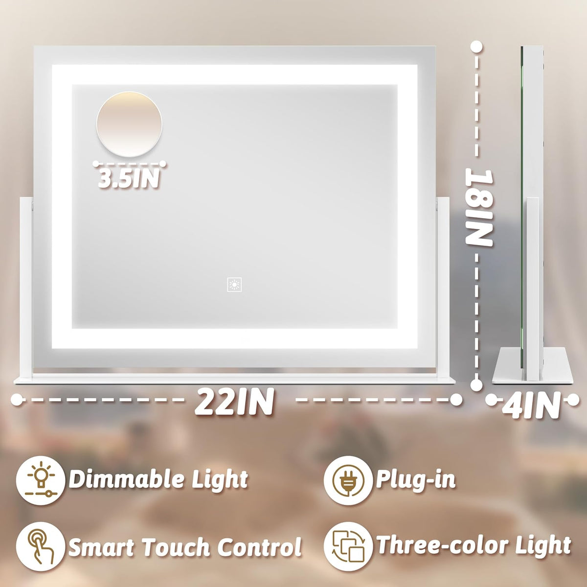 Vanity Mirror with Lights 22"x18", Lighted Makeup Mirror with 10X Magnification, Smart Touch 3