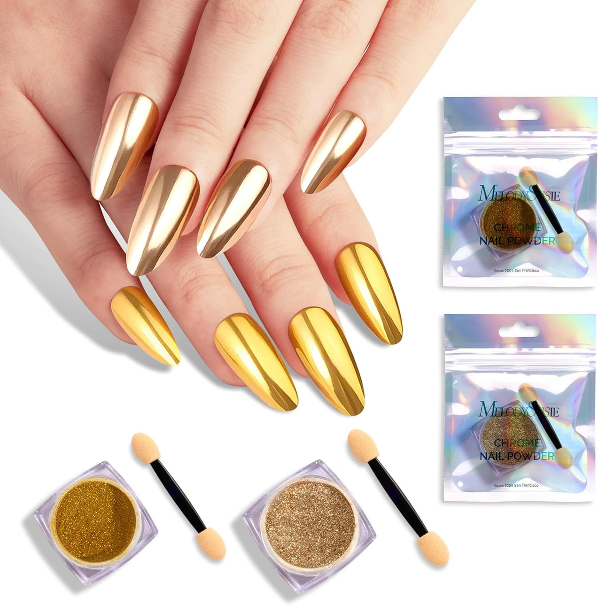 MelodySusie 2Pcs Chrome Nail Powder for Gel Nails,Metallic Mirror Effect Pigment Stylish and