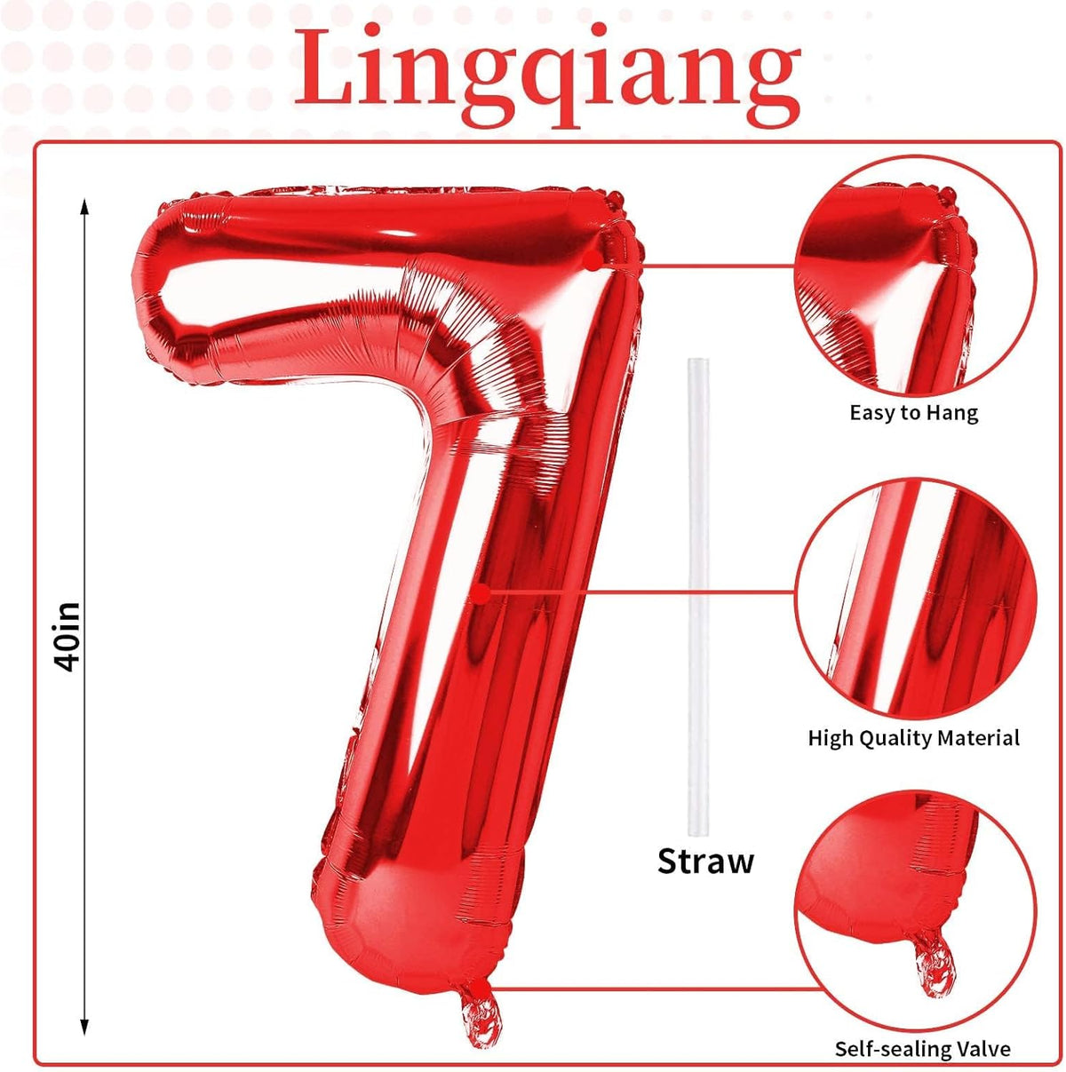 40 Inch Red Number 7 Balloon for Boys Girls, Large Self Inflating Foil Number Balloons 0-9 for Boys