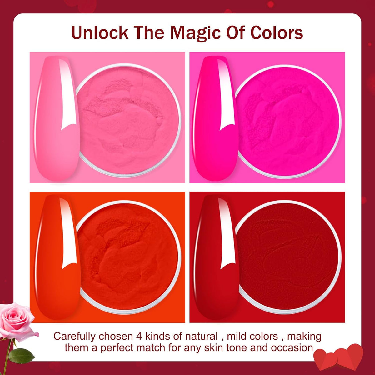 Honey Joy Dip Powder Nail Kit Starter, 4 Colors Dark Red Hot Pink Fine Dipping Powder Liquid Set