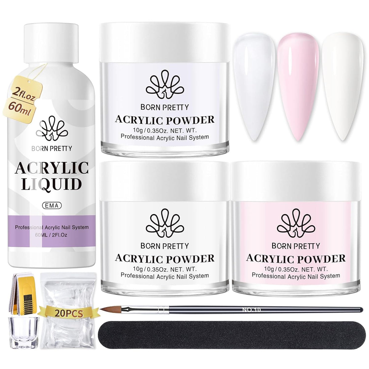 BORN PRETTY Acrylic Nail Kit - Acrylic Powder (Clear, White, Pink) & Liquid Set with Nail Forms