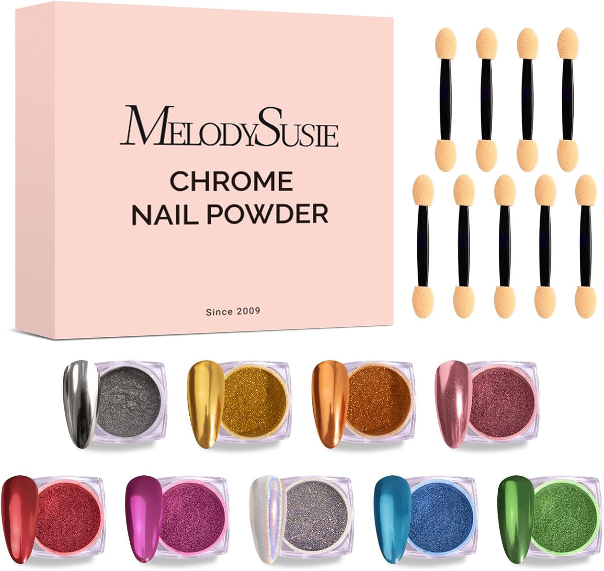 MelodySusie 9Pcs Chrome Nail Powder for Gel Nails,Metallic Mirror Effect Pigment Stylish and