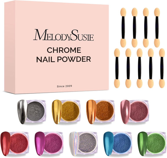 MelodySusie 9Pcs Chrome Nail Powder for Gel Nails,Metallic Mirror Effect Pigment Stylish and