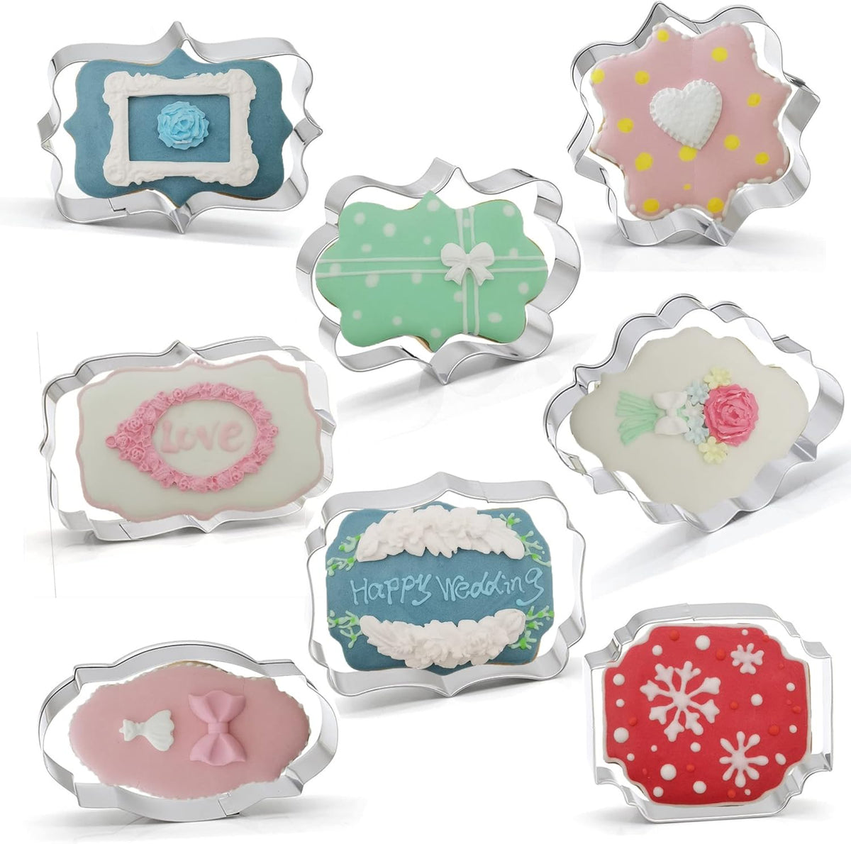 Fancy Plaque Cookie Cutters Set of 8 pcs, Stainless Steel Wedding Frames Shaped Fondant Cutter