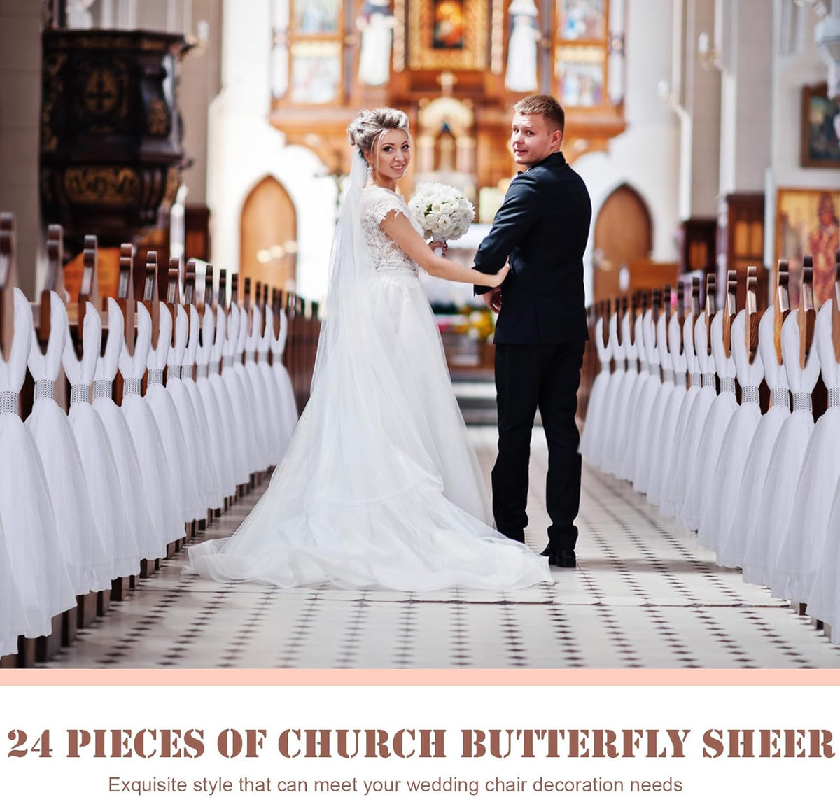 36 Set Wedding Aisle Chair Decorations 31.5 Inch Pew Bows with Long Tulle Tails and Rhinestone wrap