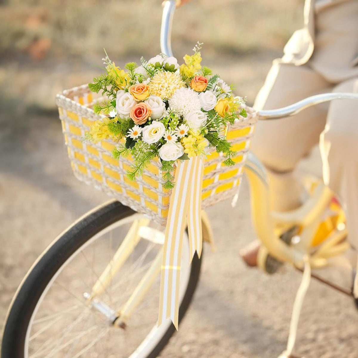 8Pcs Fake Flower Bouquet Artificial Silk Flowers White Yellow Rose Faux Floral Arrangements Picks