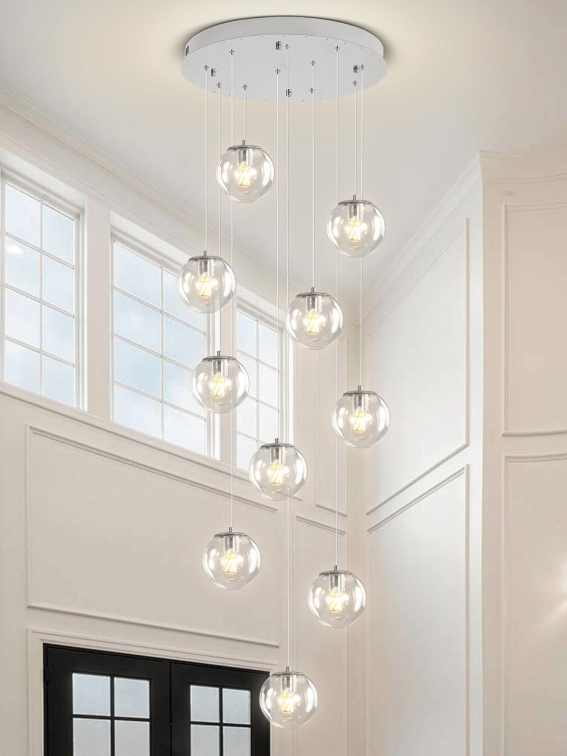 H118 Staircase Chandelier for Entryway Modern Globe Chandelier 12-Lights Glass Globe Pendant Light