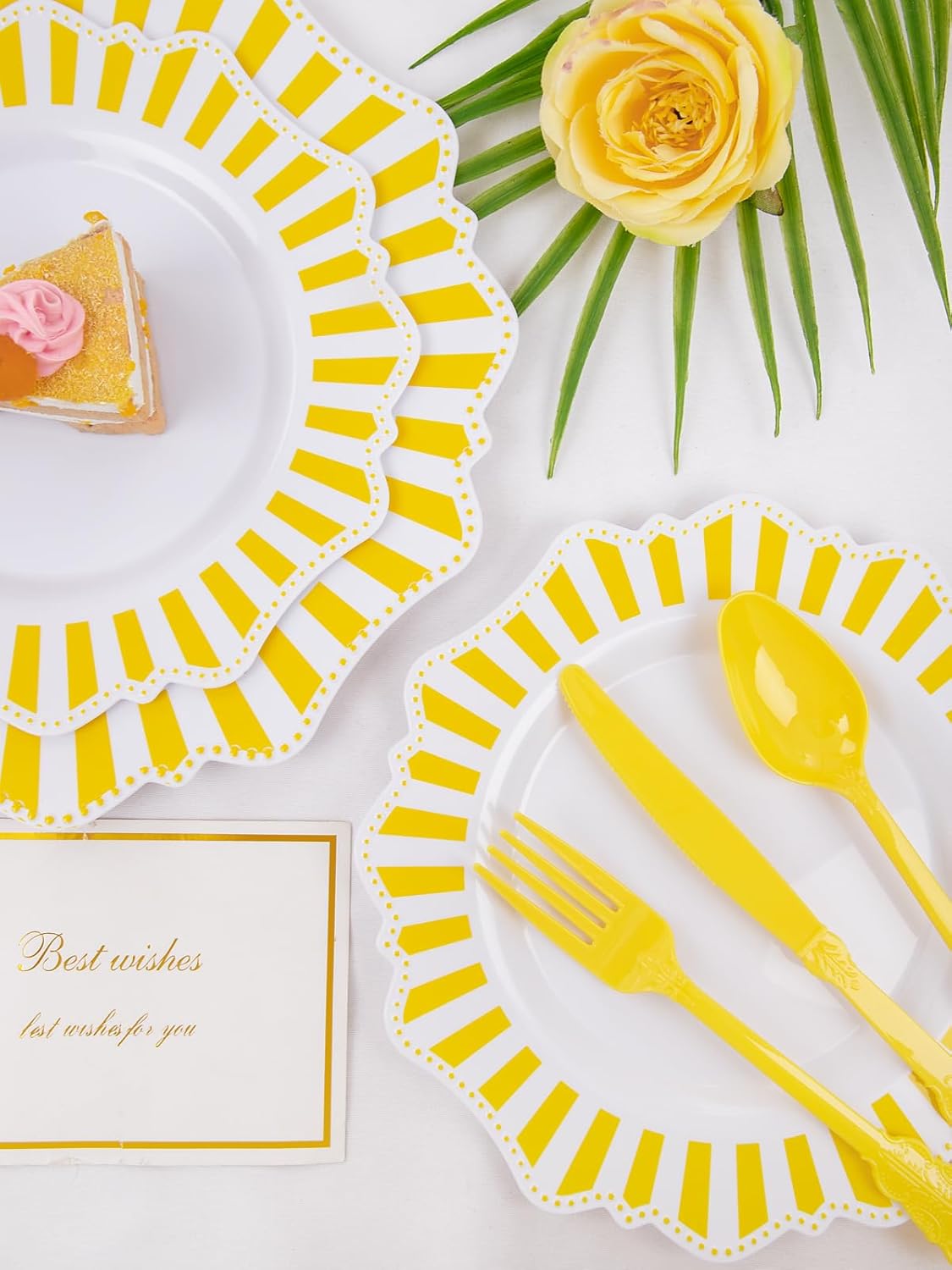 COLOSUS 150pcs Disposable White Lemon Yellow Striped Plastic Party Plates and Silverware set