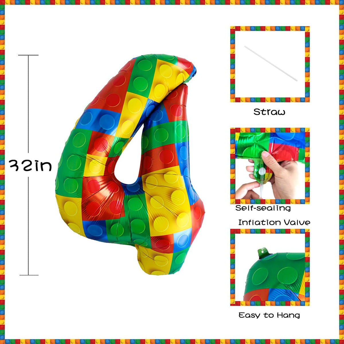 32 Inch Stackable Block Number Balloon – Colorful Brick Building Themed Big Helium Digits for Kids