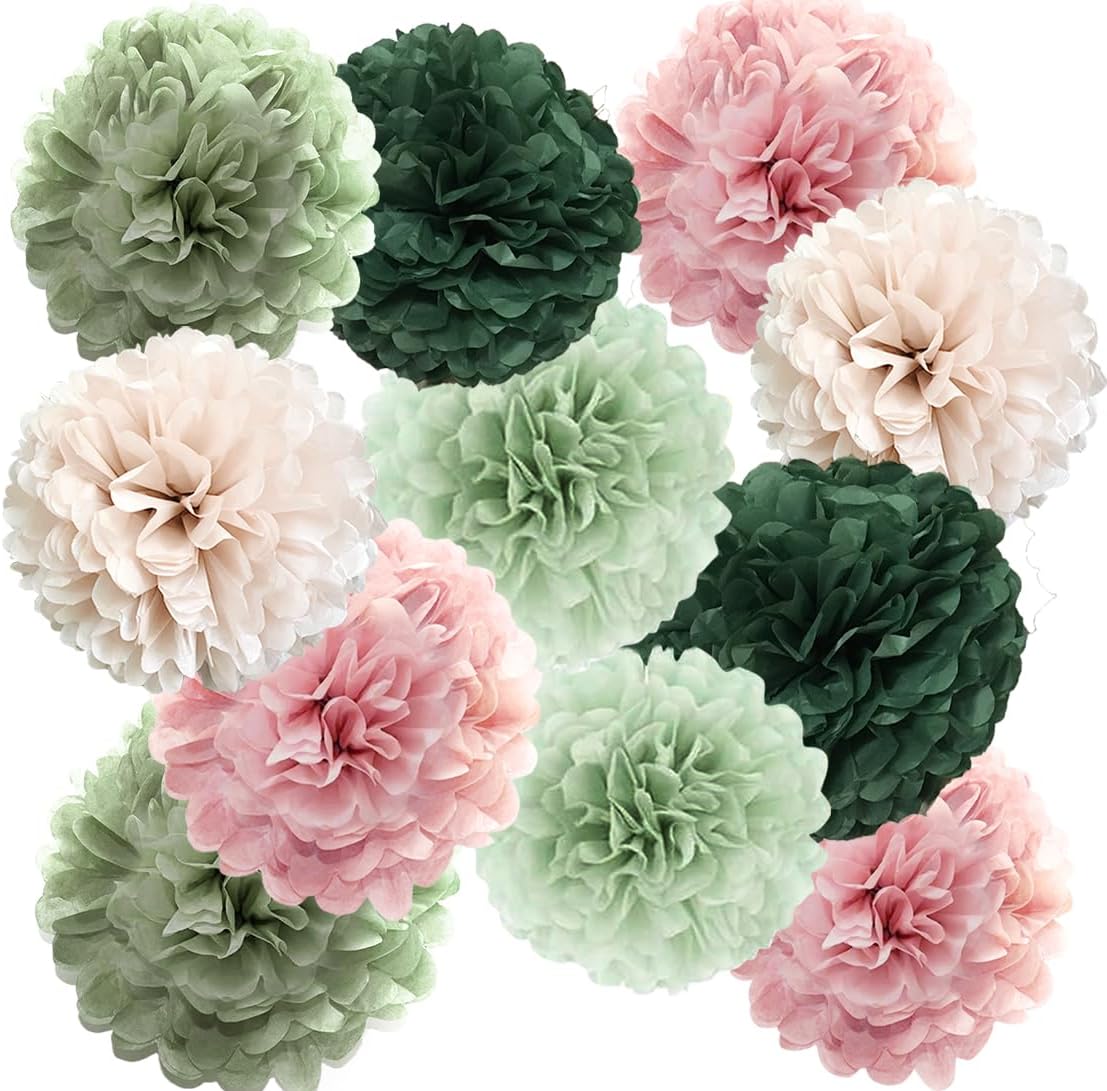 Tissue Paper Pom Poms Kit Paper Flowers 12pieces for Gender Baby Shower Wedding Bridal Bachelorette