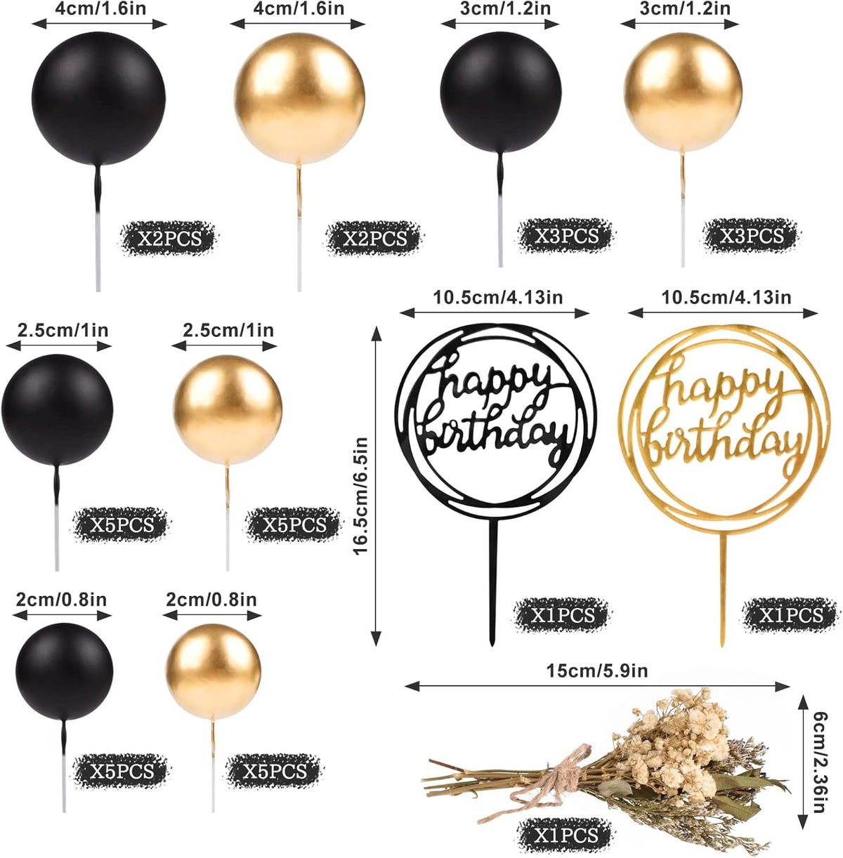 33 PCS Mini Ball Cake Topper Cupcake Insert Acrylic Cake Topper Artificial Dried Flowers Cake