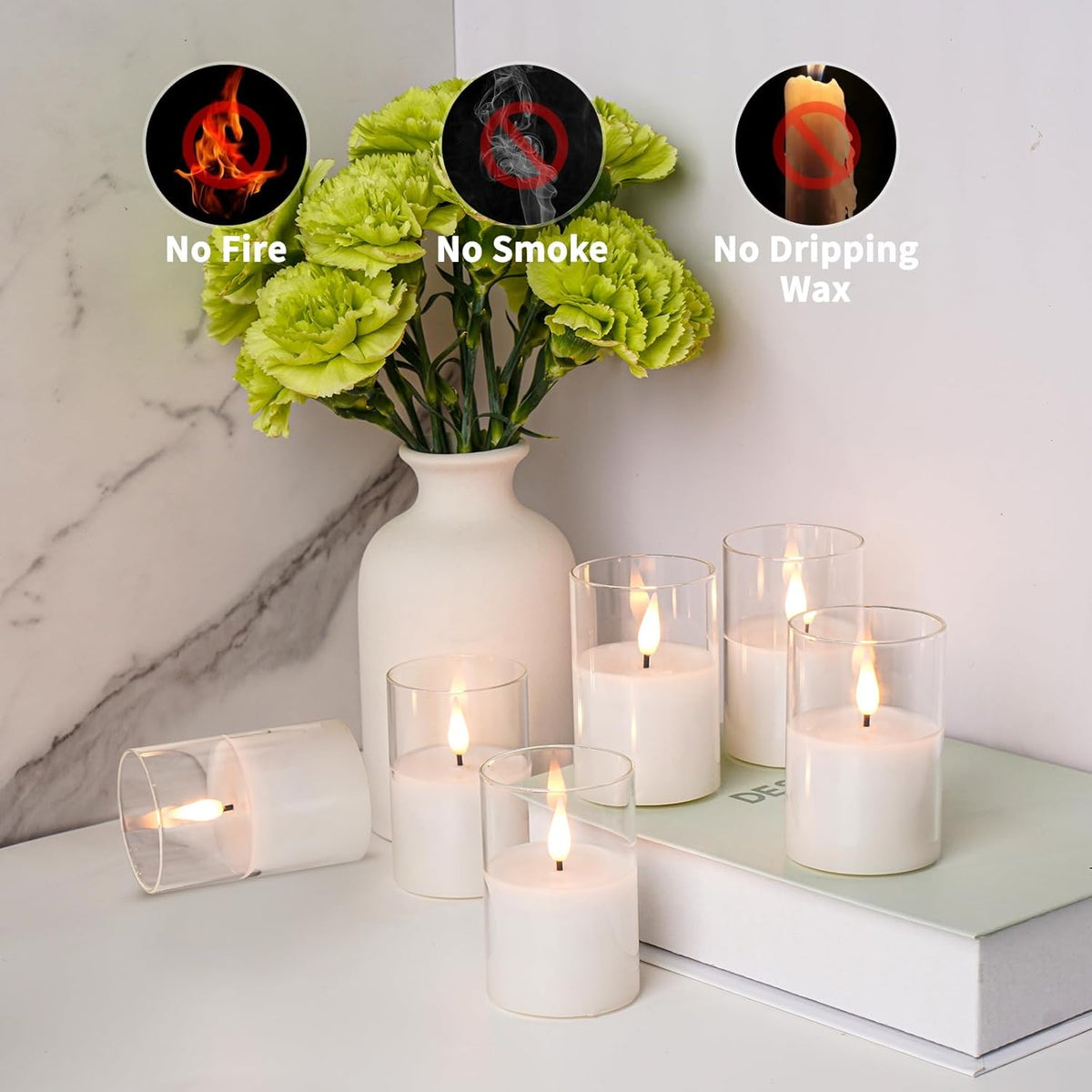 12Pack Glass Flickering Flameless Candles with Remote, 2"X3" Real Wax Votive Candles Battery
