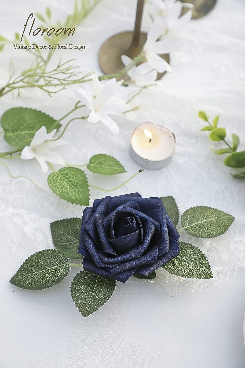 Floroom Artificial Flowers 50pcs Real Looking Navy Blue Foam Fake Roses with Stems for DIY Wedding