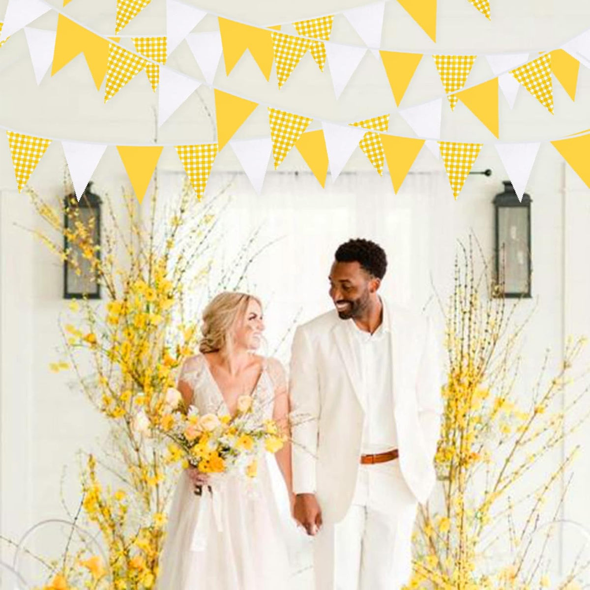 32Ft Yellow Plaid Checkered White Pennant Banner Fabric Gingham Triangle Flag Bunting Garland for