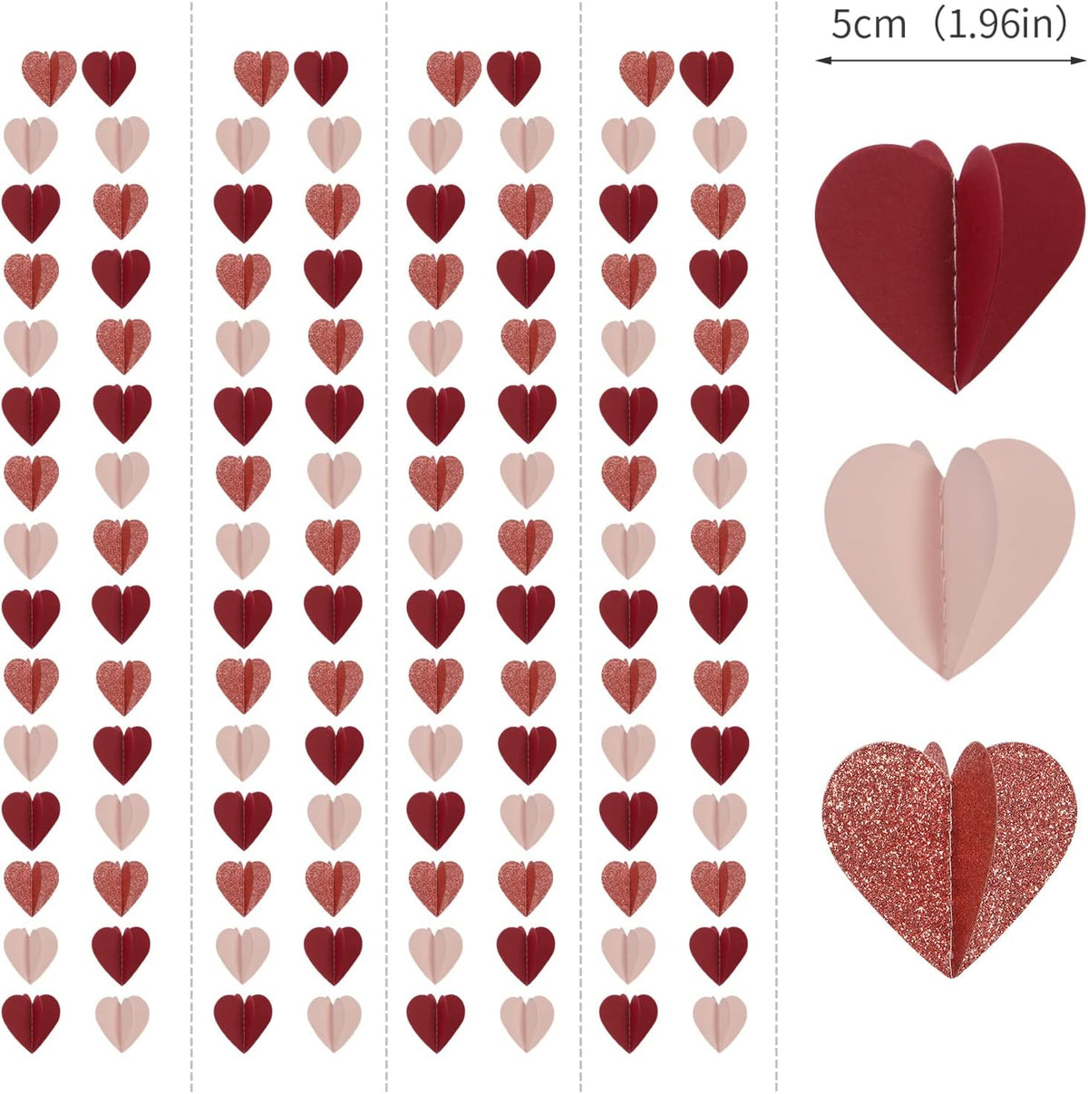 Rose-Gold Pink Burgundy-Red 3D-Heart Garland - 39Ft Party Decorations Hanging Paper Streamers