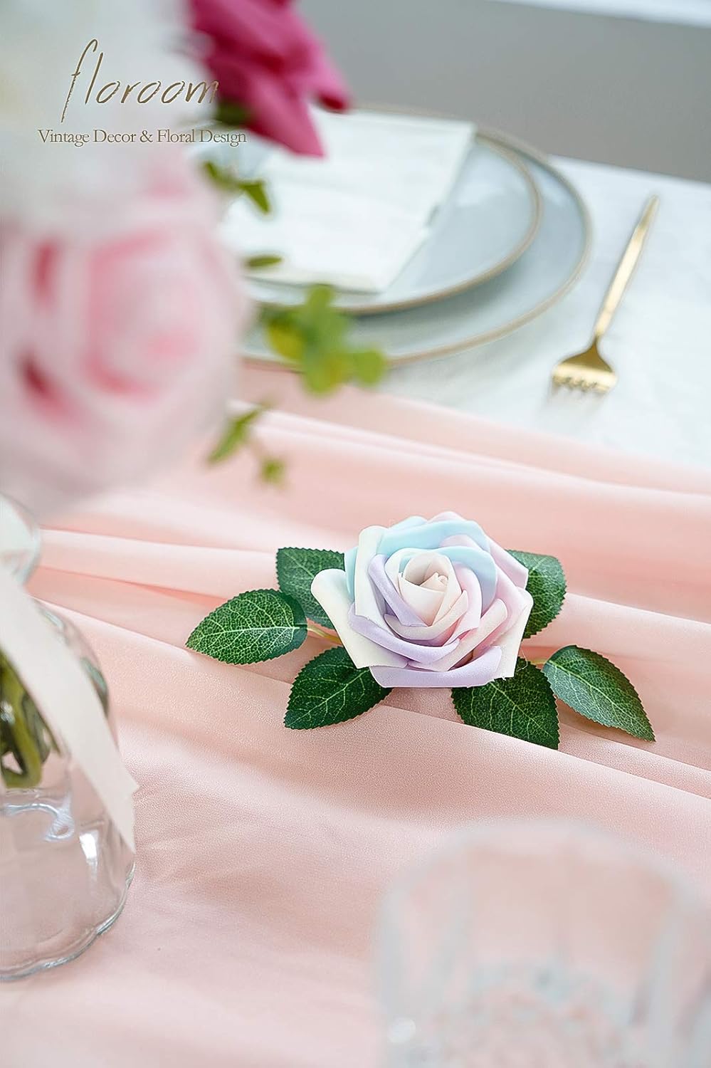 Floroom Artificial Flowers 25pcs Real Looking Whimsical Blush Foam Fake Roses with Stems for DIY