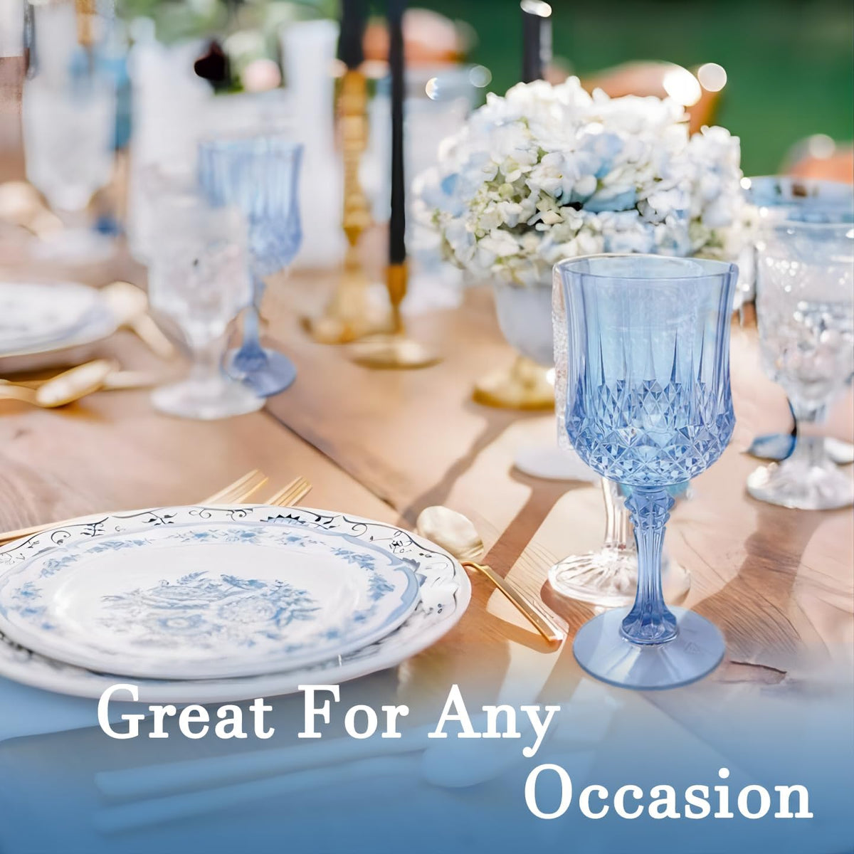 Blue Plastic Wine Glasses，Plastic Goblets for Parties，Drinking Glasses for Wedding Reception, Grand