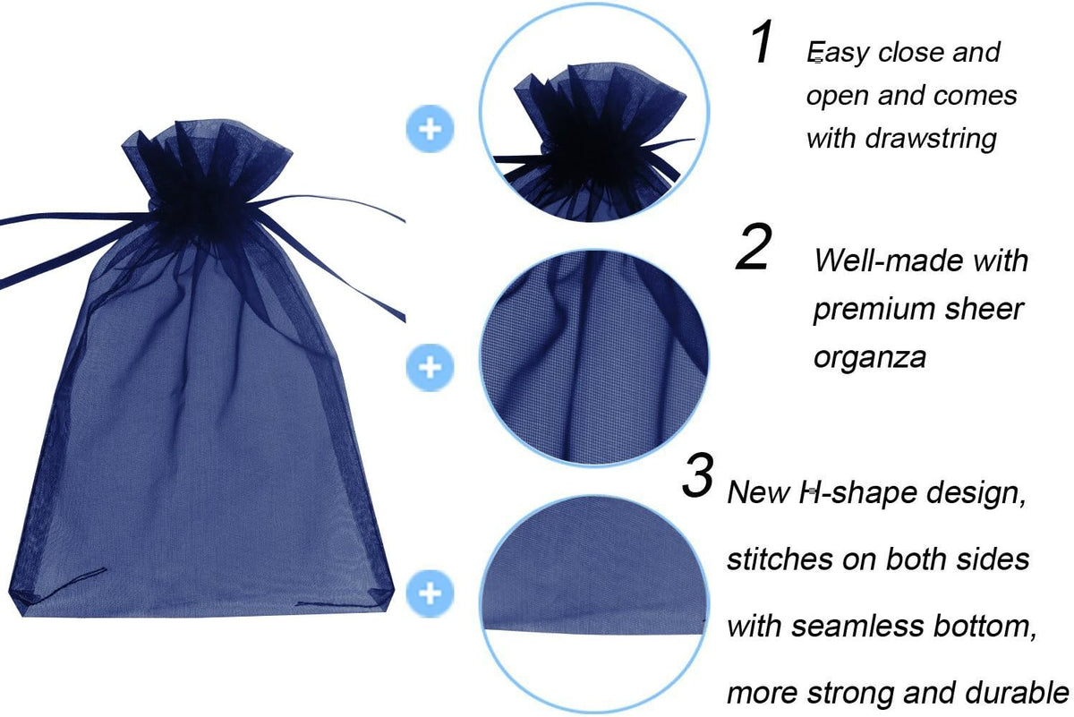 Wudygirl 100PCS Organza Bags 5X7 inch Navy Blue with Drawstring Jewelry Pouch Favor Wedding Favor