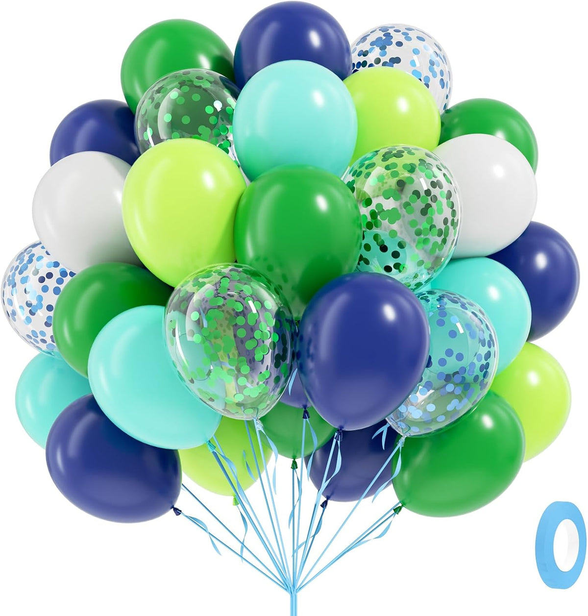 60pcs Blue and Green Balloons 12inch, Navy Blue Lime Green Teal White Confetti Balloons for