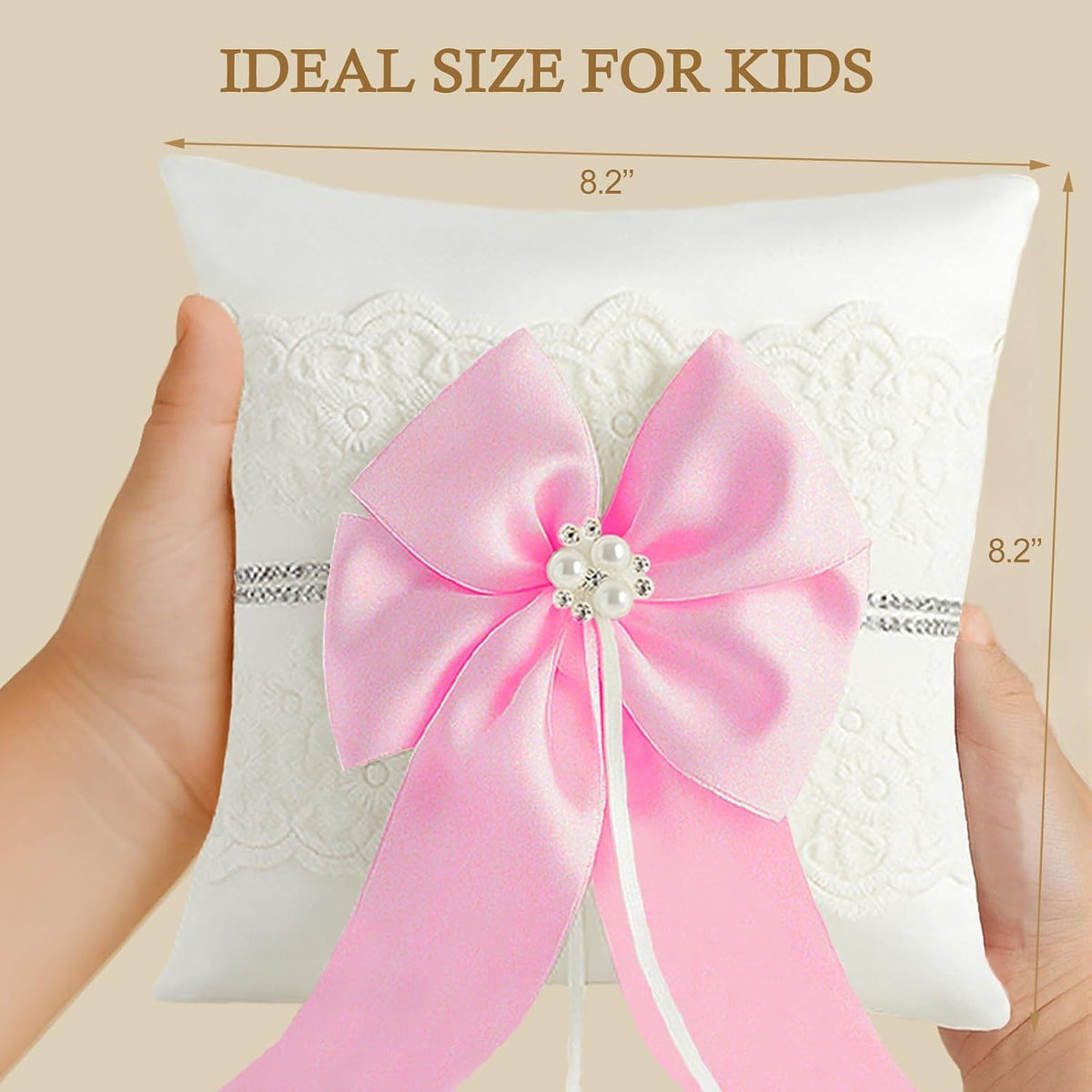 Wedding Ring Bearer Pillow: 8.2 x 8.2 Inch Satin Lace Cushion with Pink Pearl Bow for Ceremony Vows