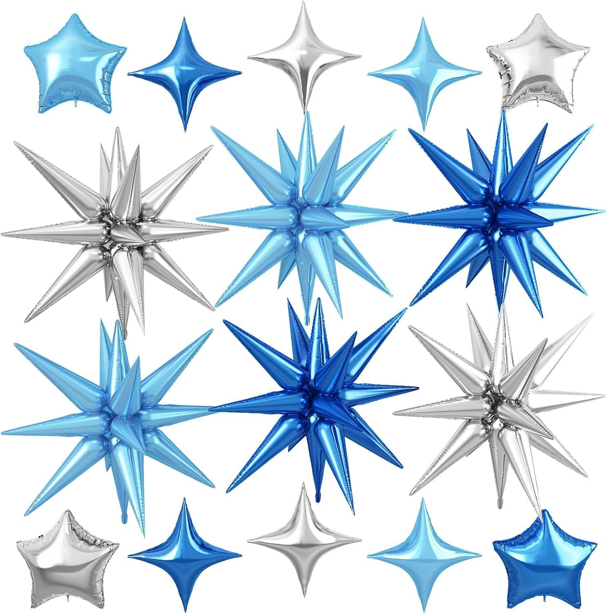 Blue Silver Star Balloon,16Pcs Star Foil Balloons Set with 22Inch Explosion Spike Cone Balloons and