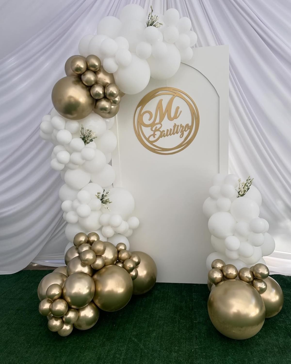 White and Gold Balloons Arch Kit, 124pcs White Gold Confetti Metallic Latex Balloons Arch for