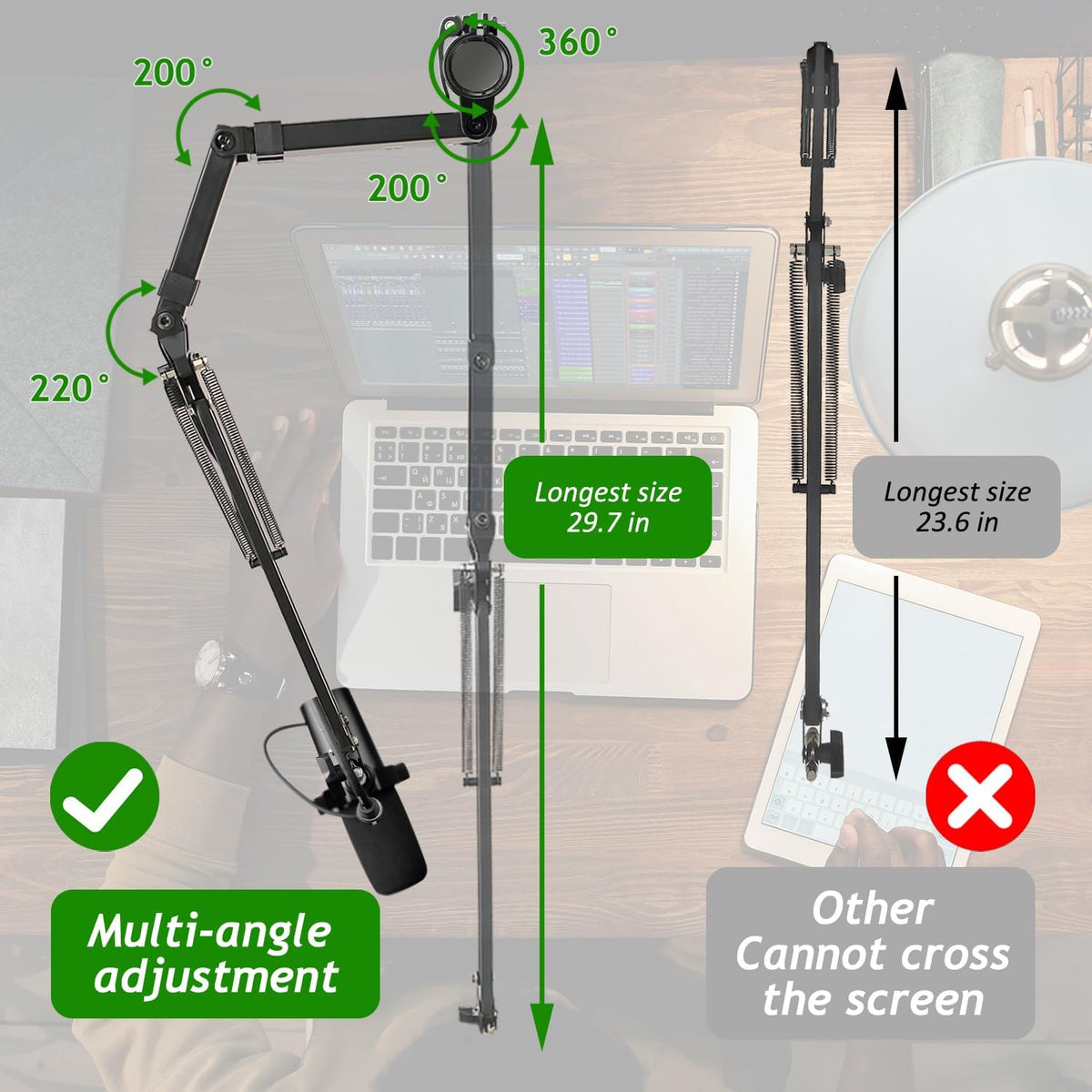 Mic Boom Arm, Adjustable Height Overhead Microphone Stand with Heightened Extension Riser for Shure