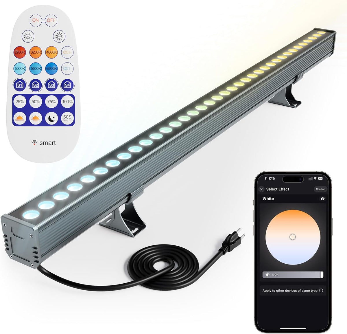 Smart Wall Washer Lights Adjustable Color Temperature 2700K-6500K,72W 9600lm 1%-100% Brightness