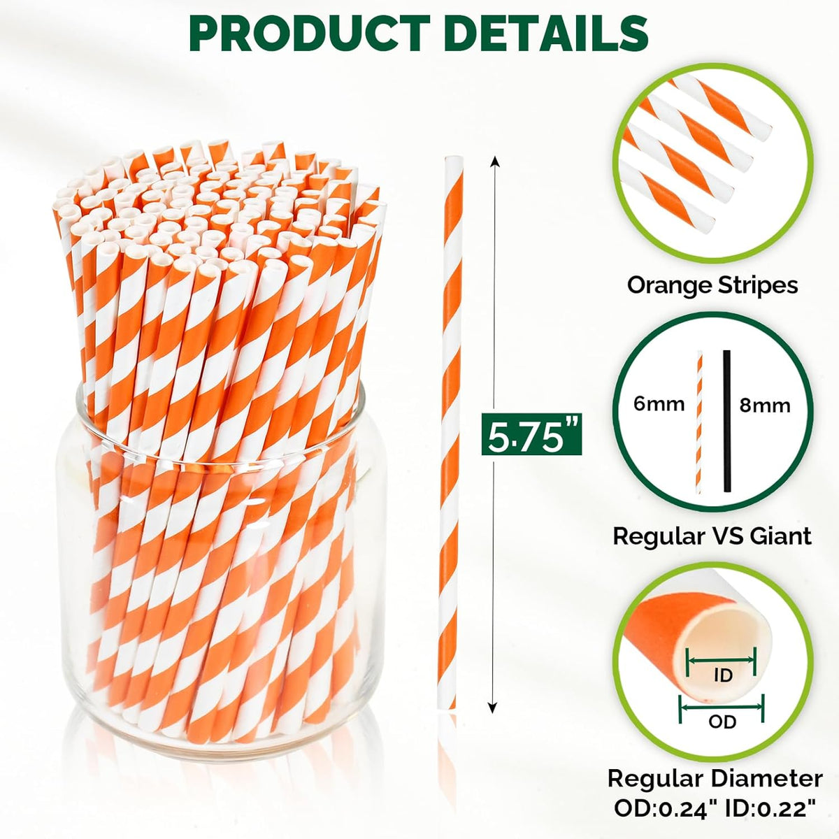 5.75 inch Orange Paper Cocktail Straws, Short Disposable Drinking Straws 500 Counts, Unwrapped