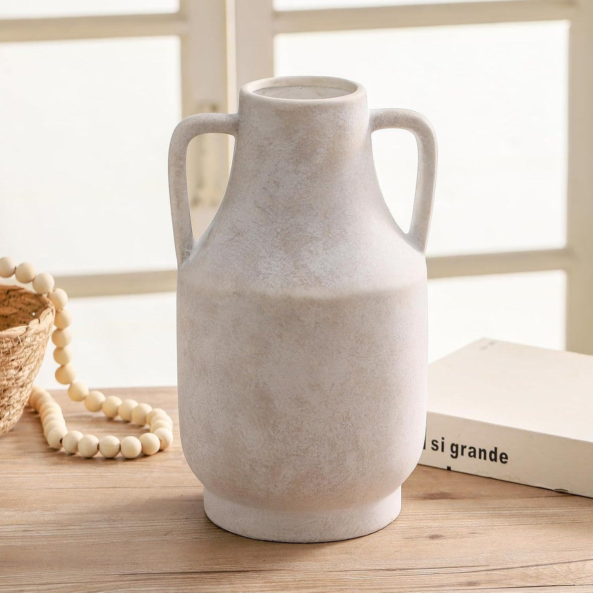 Mitt&Ditt Ceramic Flower Vase with Handles, 11 inch Tall Off-White Vase, Large Decorative