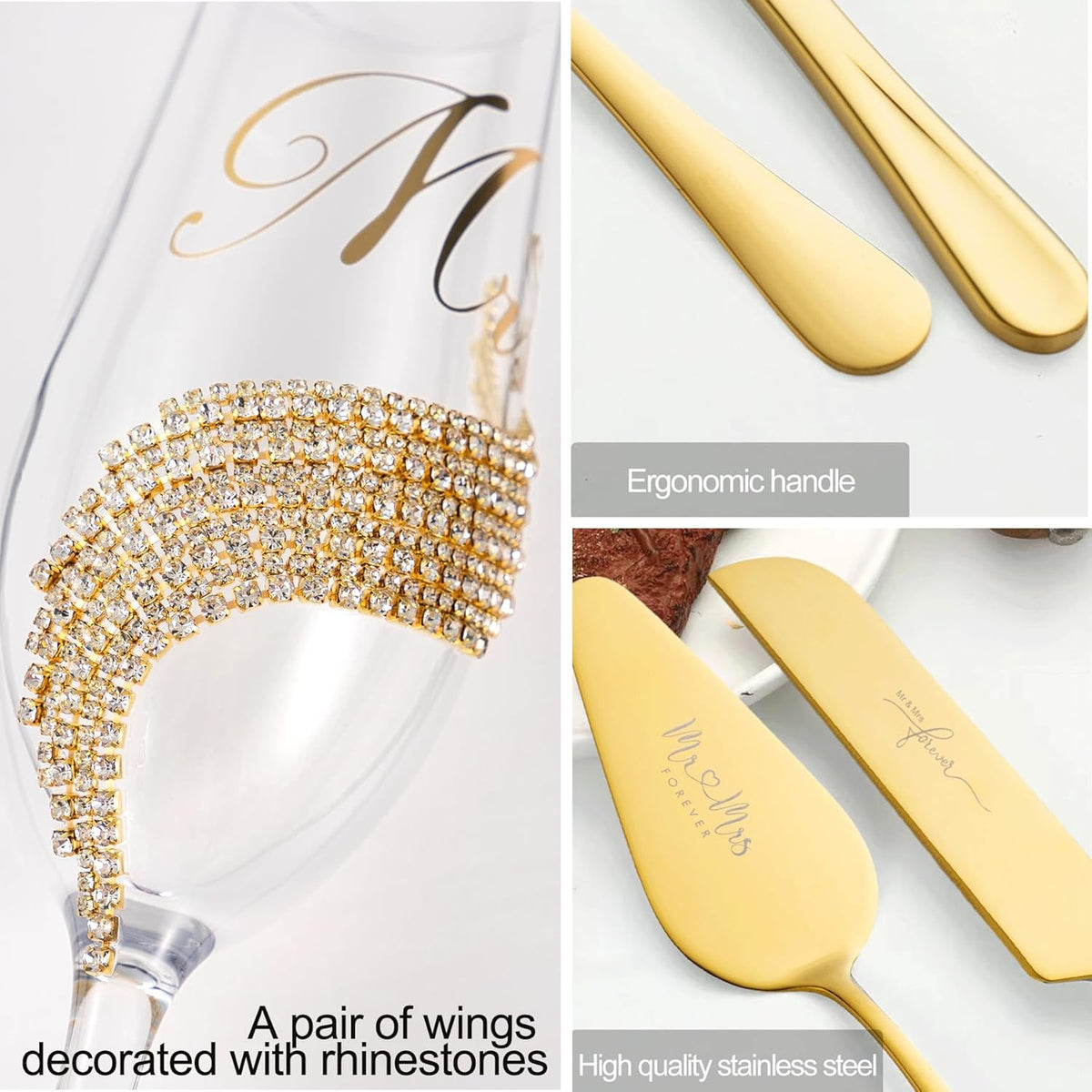 Wedding Cake Knife and Server Set, Gold Mr and Mrs Champagne Flutes and Cake Cutting Set for