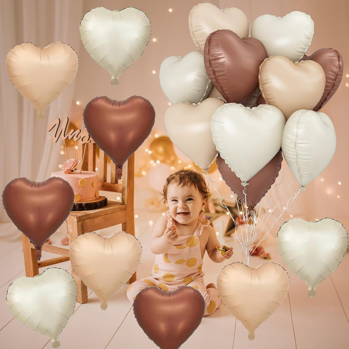 Cream Brown Heart Balloons, 12Pcs Brown Apricot Foil Balloons, Beige Coffee Foil Heart Shape Mylar