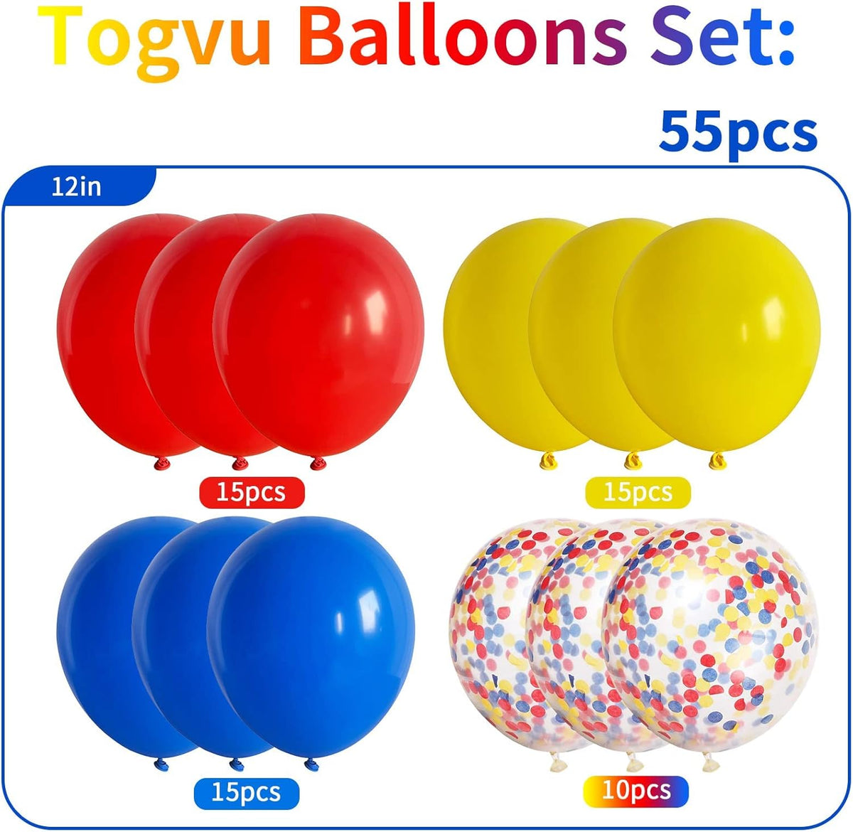 Balloons Red Blue Yellow, 12 Inch Primary Color Helium Balloons with Confetti Latex Balloons