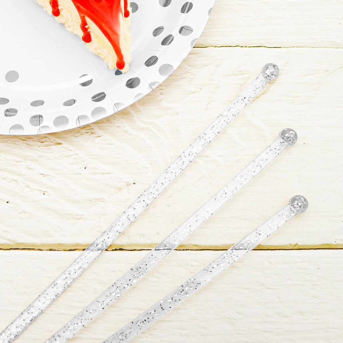 100-PCS Silver Glitter Plastic Swizzle Sticks, Crystal Cake Pops, Cocktail Coffee Drink Stirrers