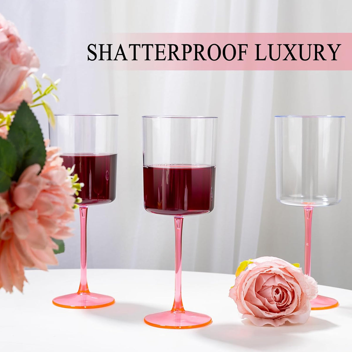 Ciaell 12 Pack 10 Oz Clear Plastic Wine Glasses with Pink Stem - Disposable Cocktail Goblets