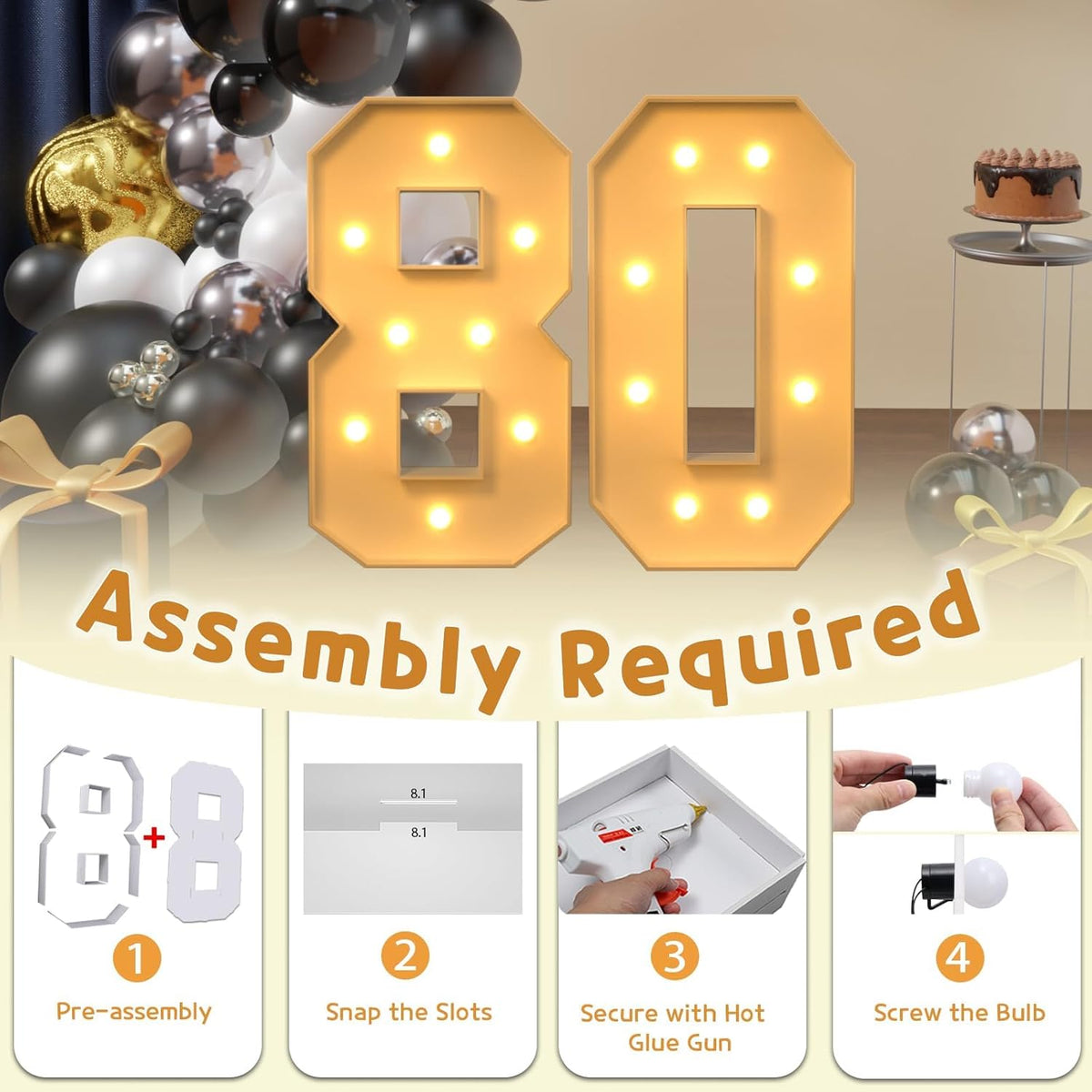 imprsv 3FT Light Up Numbers, Marquee Numbers 80th Birthday Decorations for Women Men, Large Light