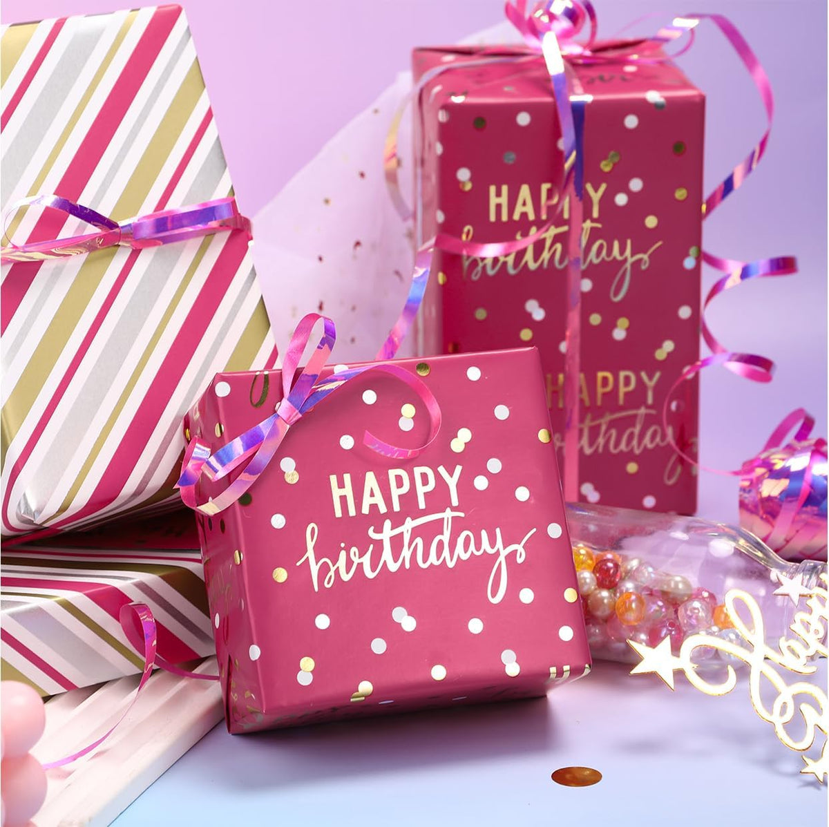 LeZakaa Reversible Pink Birthday Wrapping Paper Roll for Girls Women, Happy Birthday Lettering &