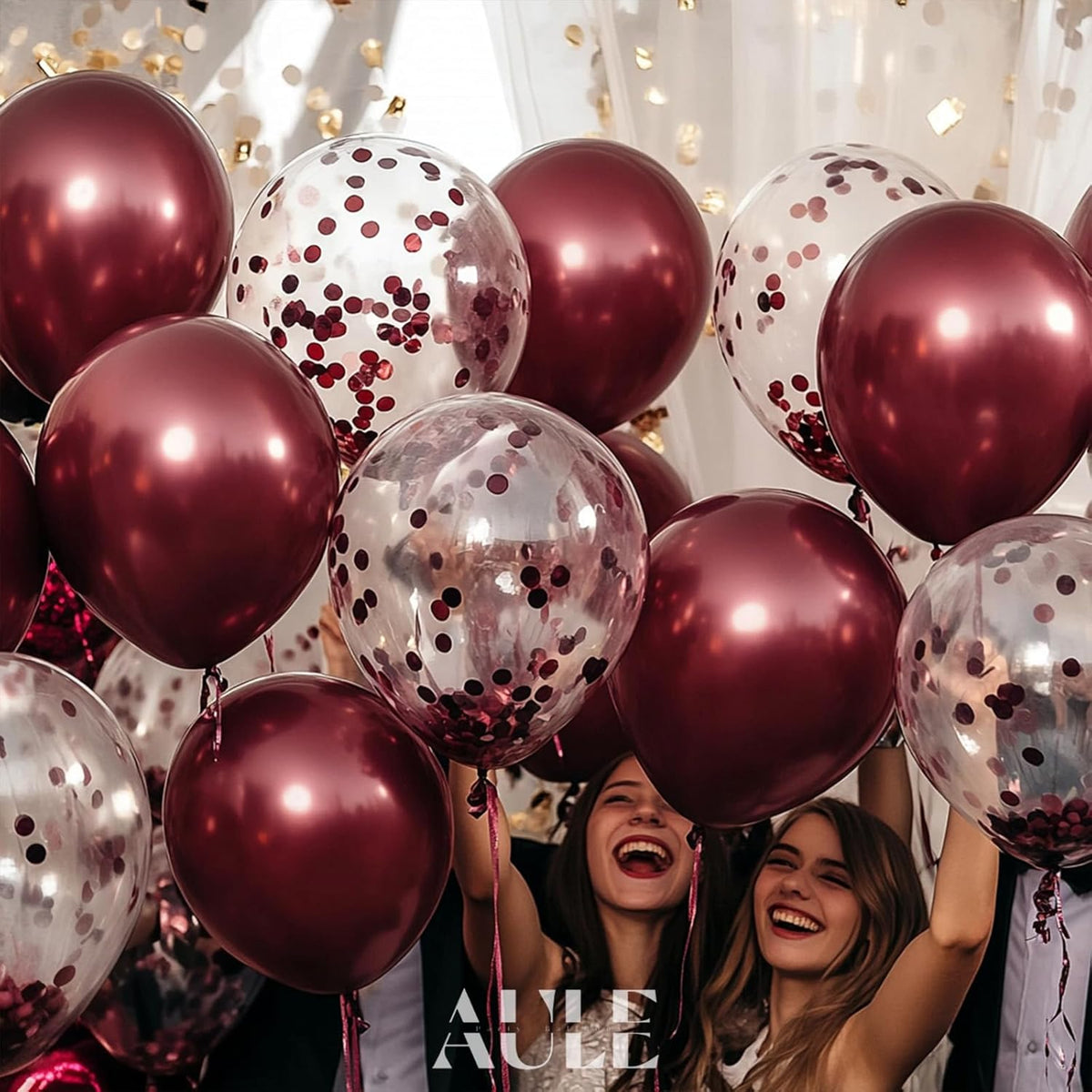 AULE Party Balloons Pack of 42 - Metallic Burgundy Balloons and Confetti Latex Helium Balloons With