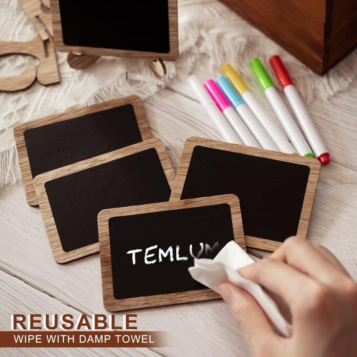 Temlum 15 Pcs Mini Chalkboard Sign with 6 Color Chalk Markers, 2.9″ x 3.9″ Wooden Blackboard
