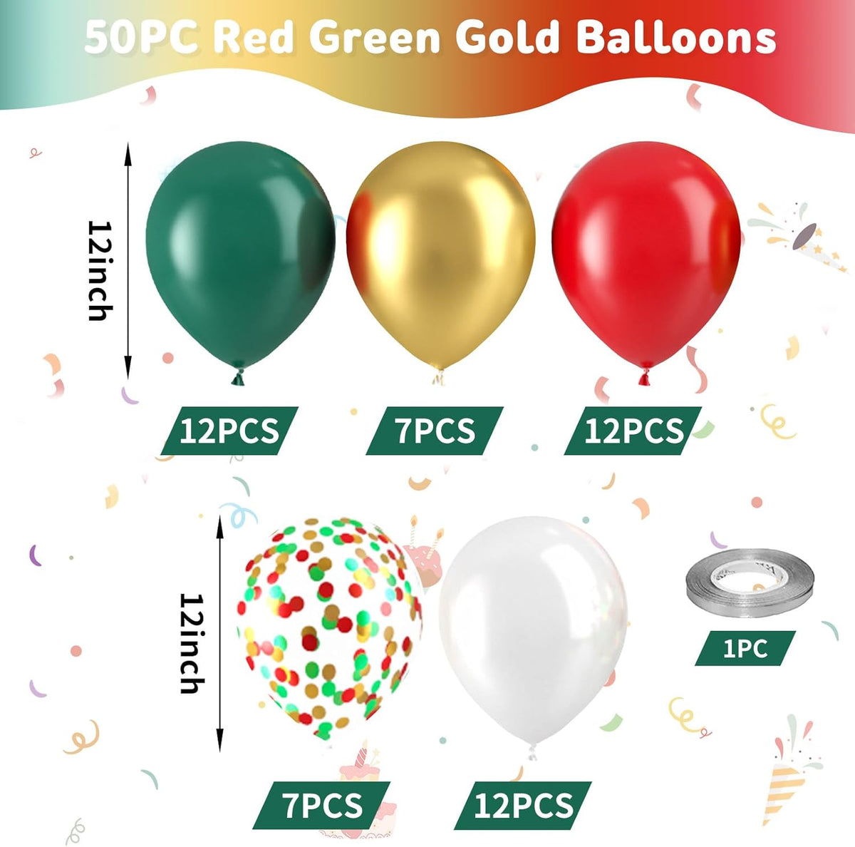 Red Green Gold Balloons, Vintage Dark Green Pearl White Confetti Balloons for Birthday, Baby