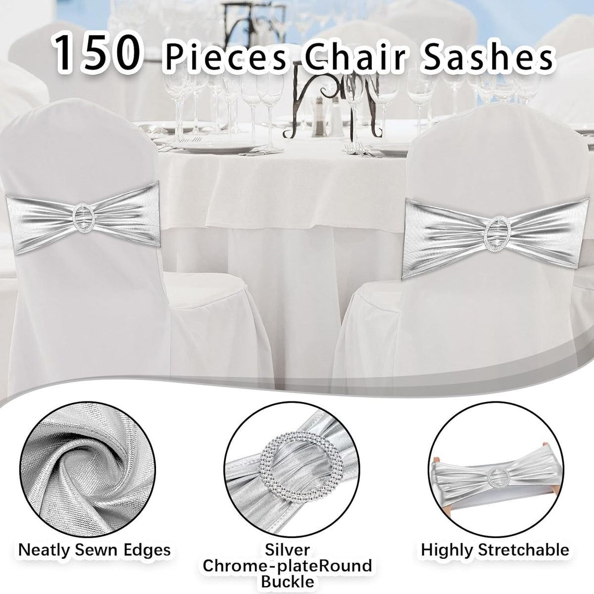 CHENGU 150 Pieces Spandex Stretch Chair Sashes Bows Elastic Chair Cover Bands Ties with Buckle
