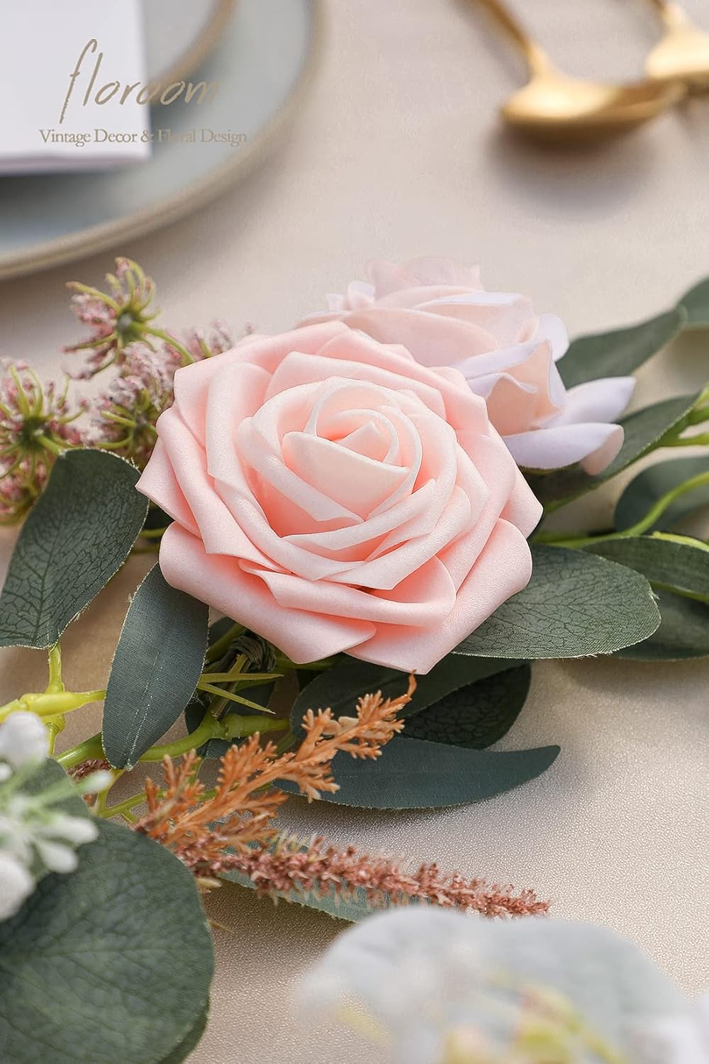 Floroom Artificial Flowers 50pcs Real Looking Blush Shades Foam Fake Roses with Stems for DIY