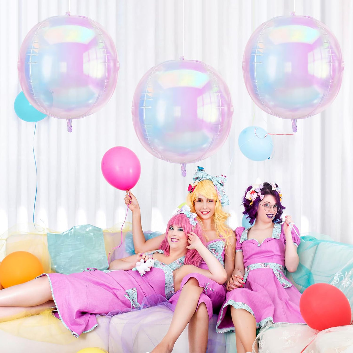 3Pcs Iridescent 4D Balloons, 32in Holographic Round Ball Balloon, Giant 4D Clear Rainbow Foil