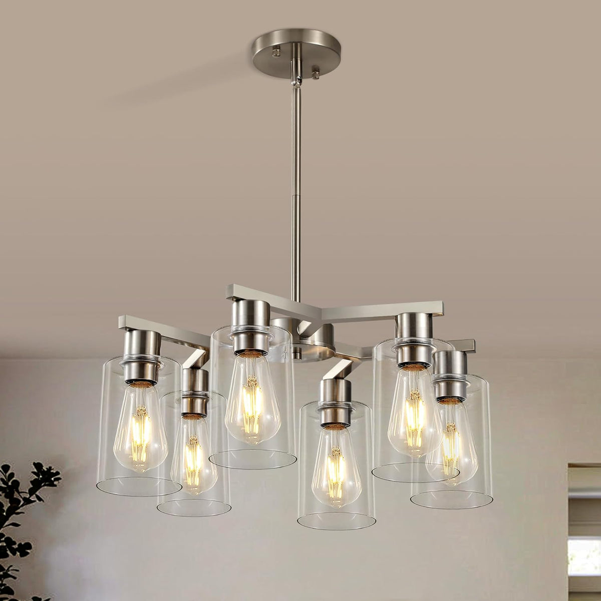 6-Light Modern Farmhouse Brushed Nickel Chandelier, Dining Room Light Fixture Over Table Adjustable