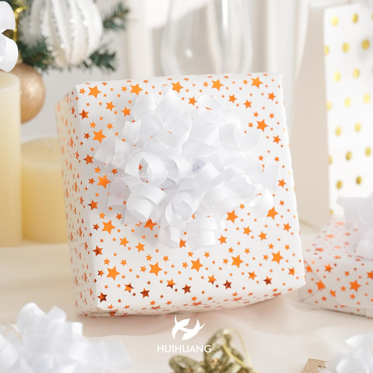 HUIHUANG White Bows for Gift Wrapping, White Curly Ribbon Bows Self Adhesive Burst Gift Bow for