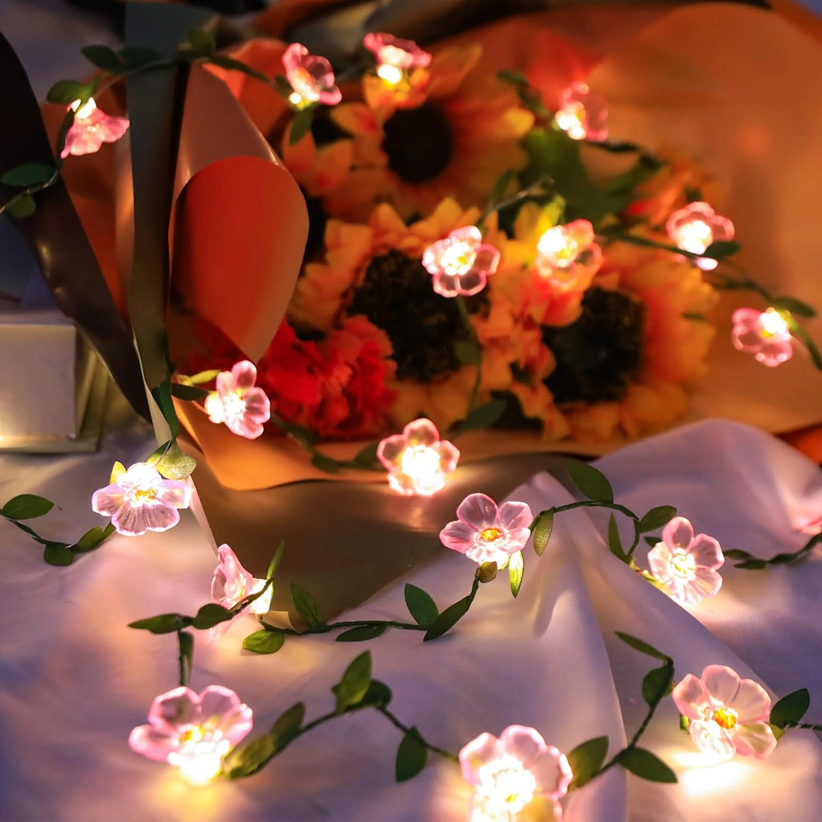 Decorative Fairy Vine Flower String Lights With Leaf, USB Plug In 16.5ft 50 LED Pink Cherry Blossom