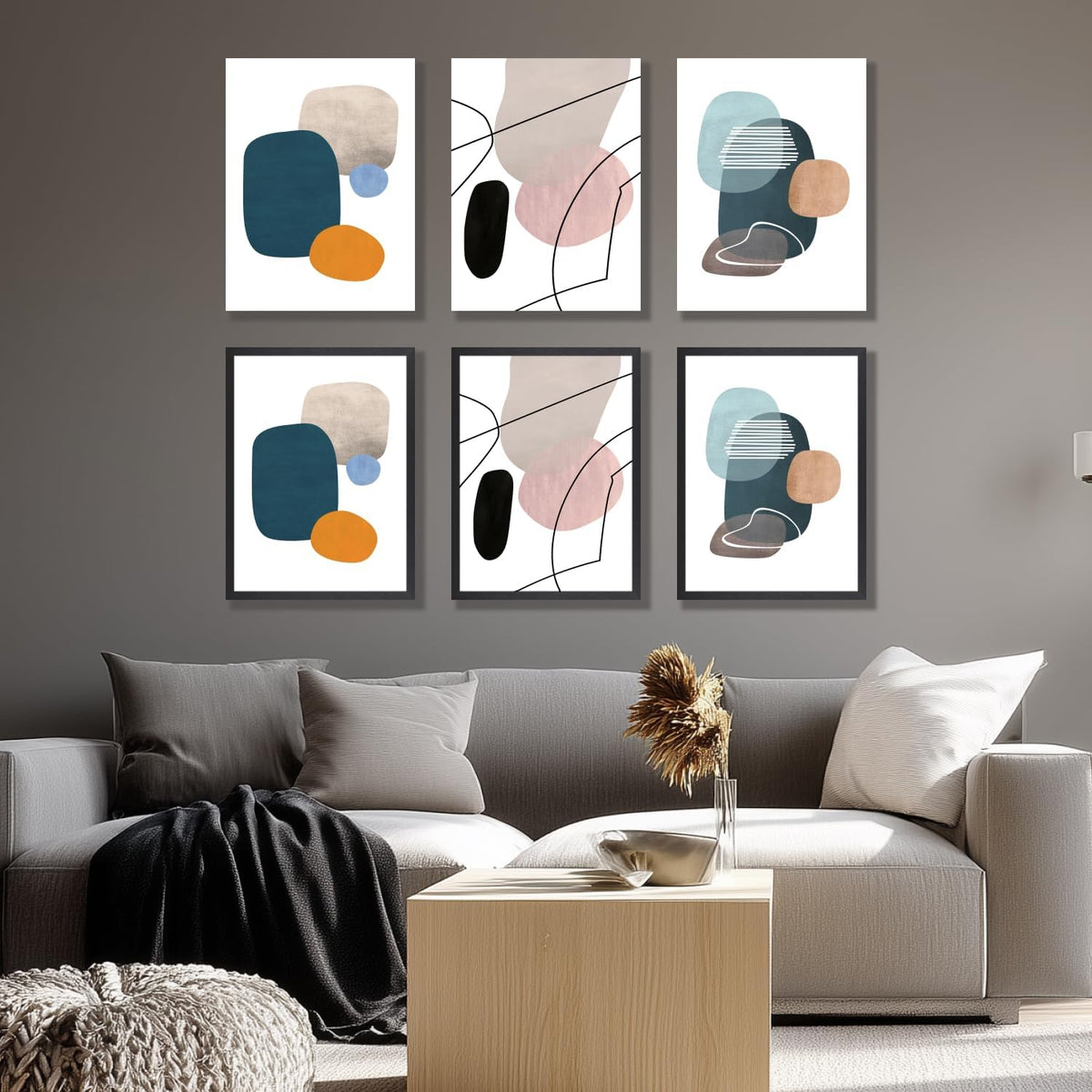 IAFWZX Framed Abstract Geometric Wall Art, Orange Blue Beige Color Block Wall Decor, Modern